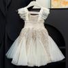Kids Girl Clothes Sequined Flying Sleeves Summer Party Dresses for Girls Elegant Mesh Vest Skirt Princess Dress Evening