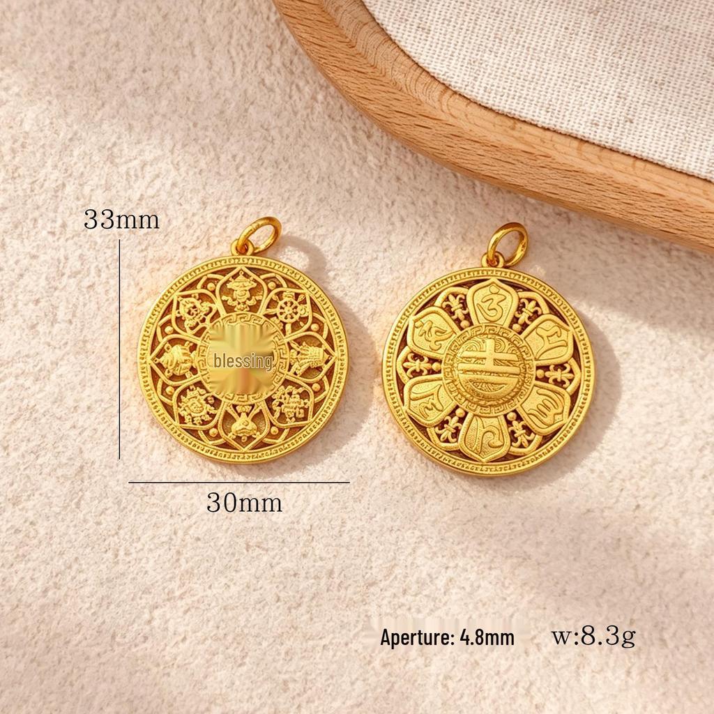Copper-Plated Auspicious Eight Treasures Compass Pendant Necklace with 24K Gold and Strong Color Retention.