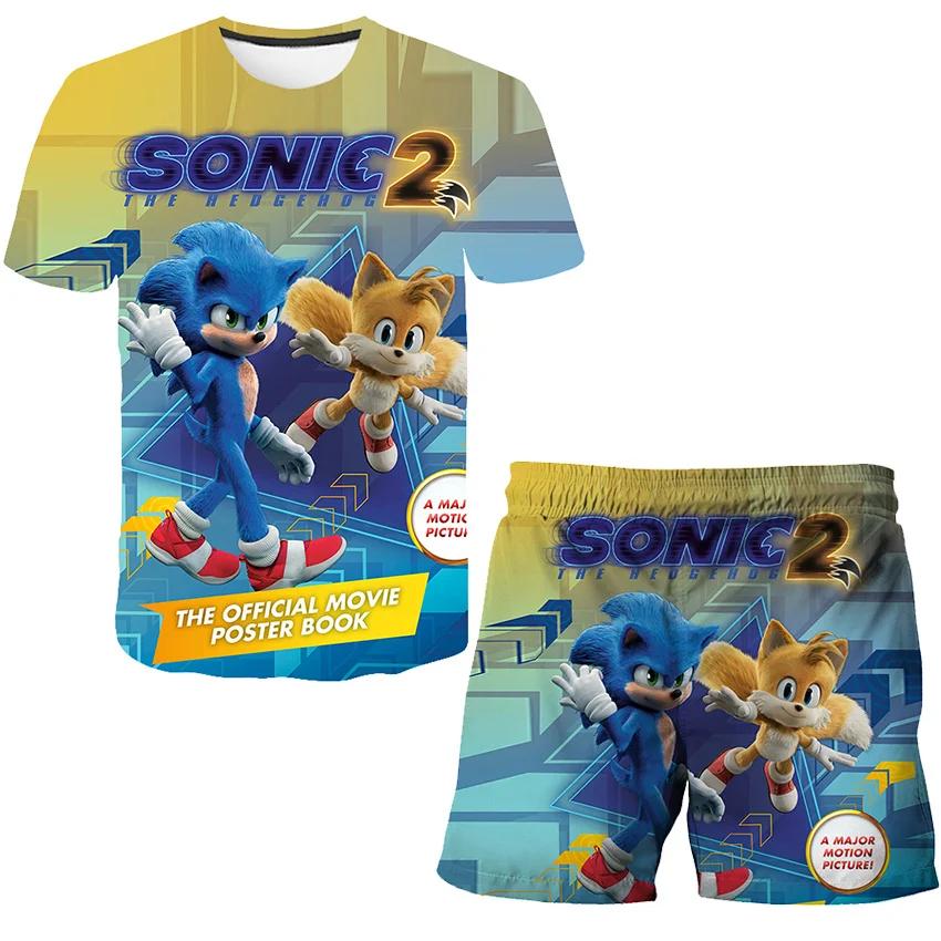 2025 MINISO New boys and girls super sonic Tshirts+shorts  Harajuku Sonic print suit T-shirt + shorts fashion street style children's short sleeves