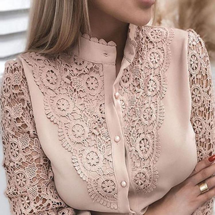 Women Shirt Blouse Lace Patchwork Solid Color Buttons Fashion Daily Wear Popular