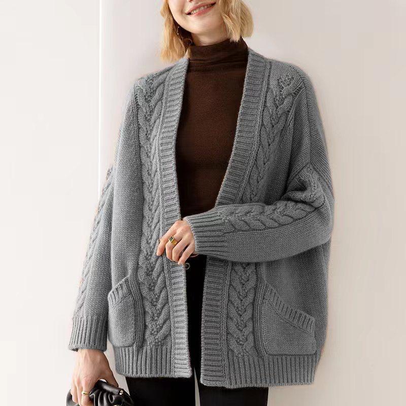 European and American V-neck Twist Sweater Women's Autumn and Winter Coat Wearing Lazy Wind Knitted Cardigan Top