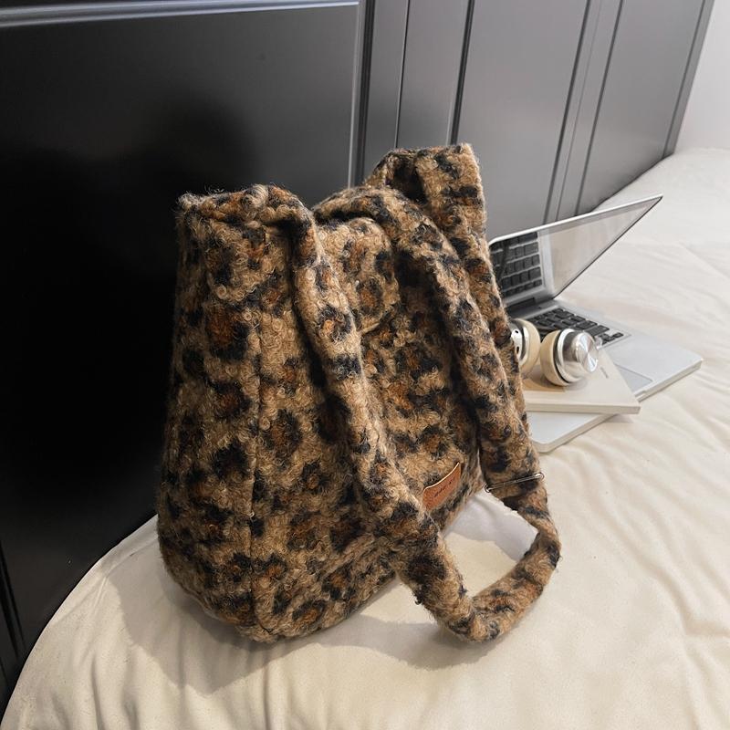 Leopard Print Fur Bag Women's Shoulder Crossbody Bag Vintage Tote Bag