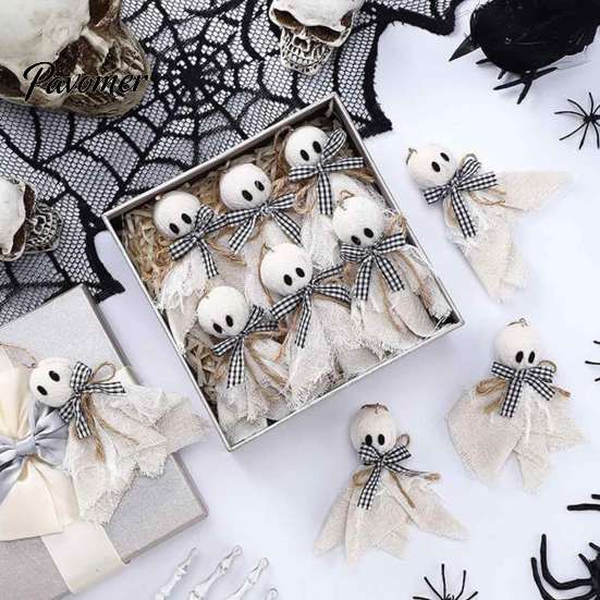 Retro Holiday Window Displays Halloween Ghost Ornament, 4 Inch Small Doll Hanging Decoration with Jute Rope, Autumn Garden Party Decorations Farmhouse