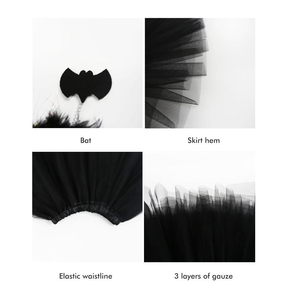 4 Stück Mädchen Halloween Cosplay Kostüm Verkleidungskleid Schwarzer Netzrock mit Stirnband Fledermausflügelstab