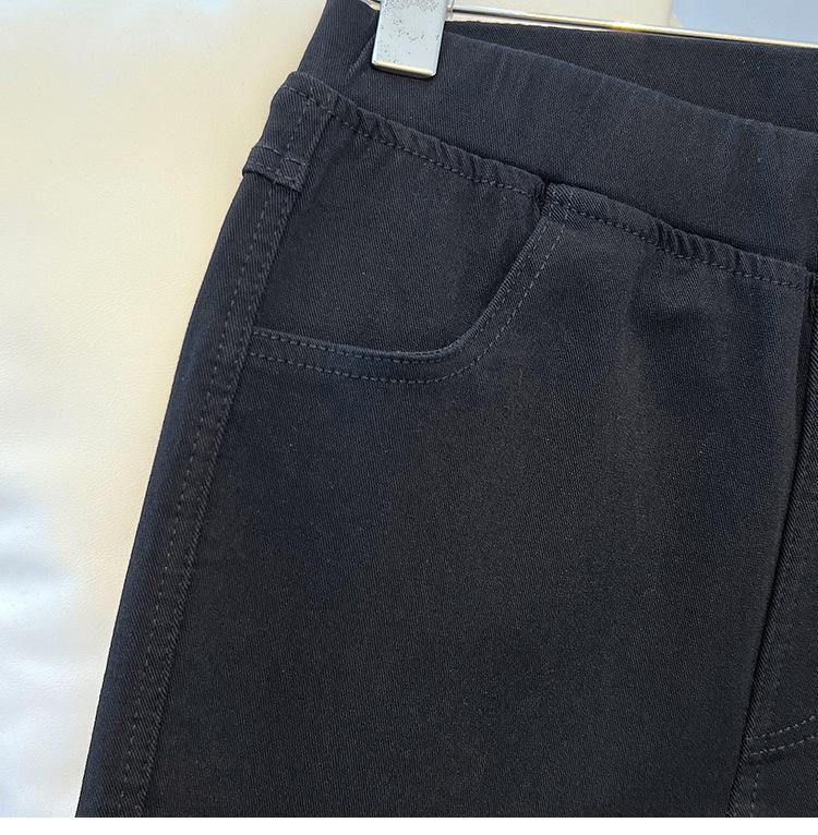Autumn Black Slim Fit Cropped Women's Plus Size Elastic Waist Trousers - Slimming Casual Pants
