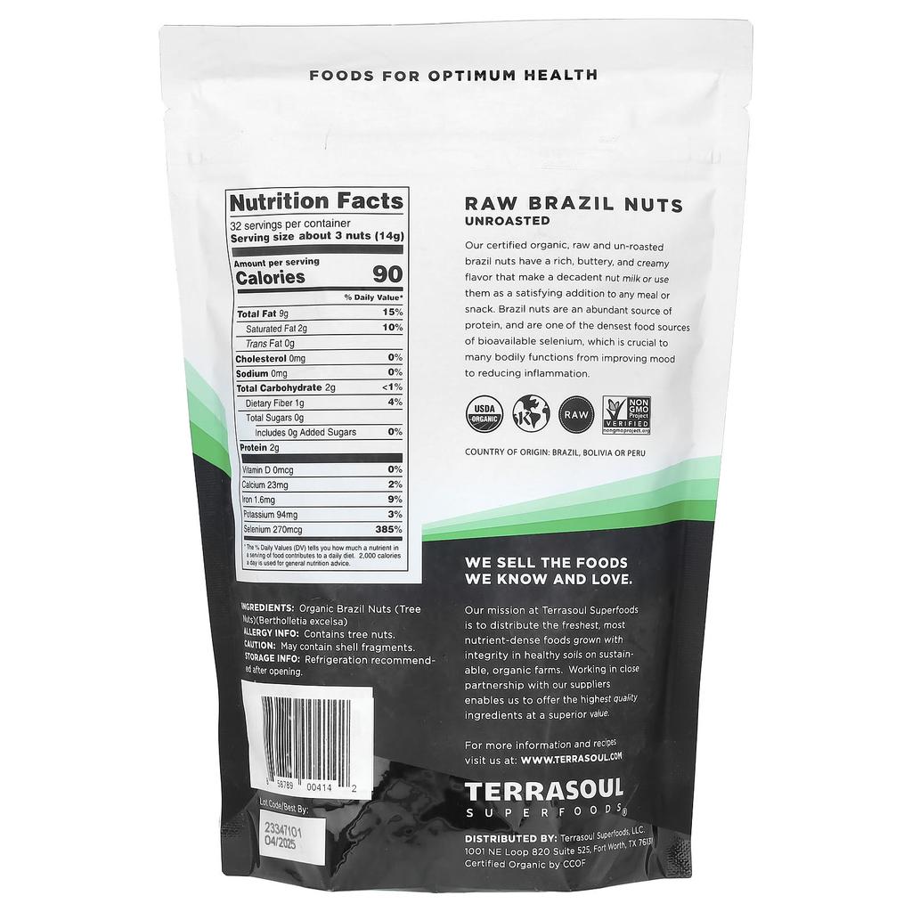 Terrasoul Superfoods Raw Whole Brazil Nuts, Unroasted, 16 Oz (454 G)