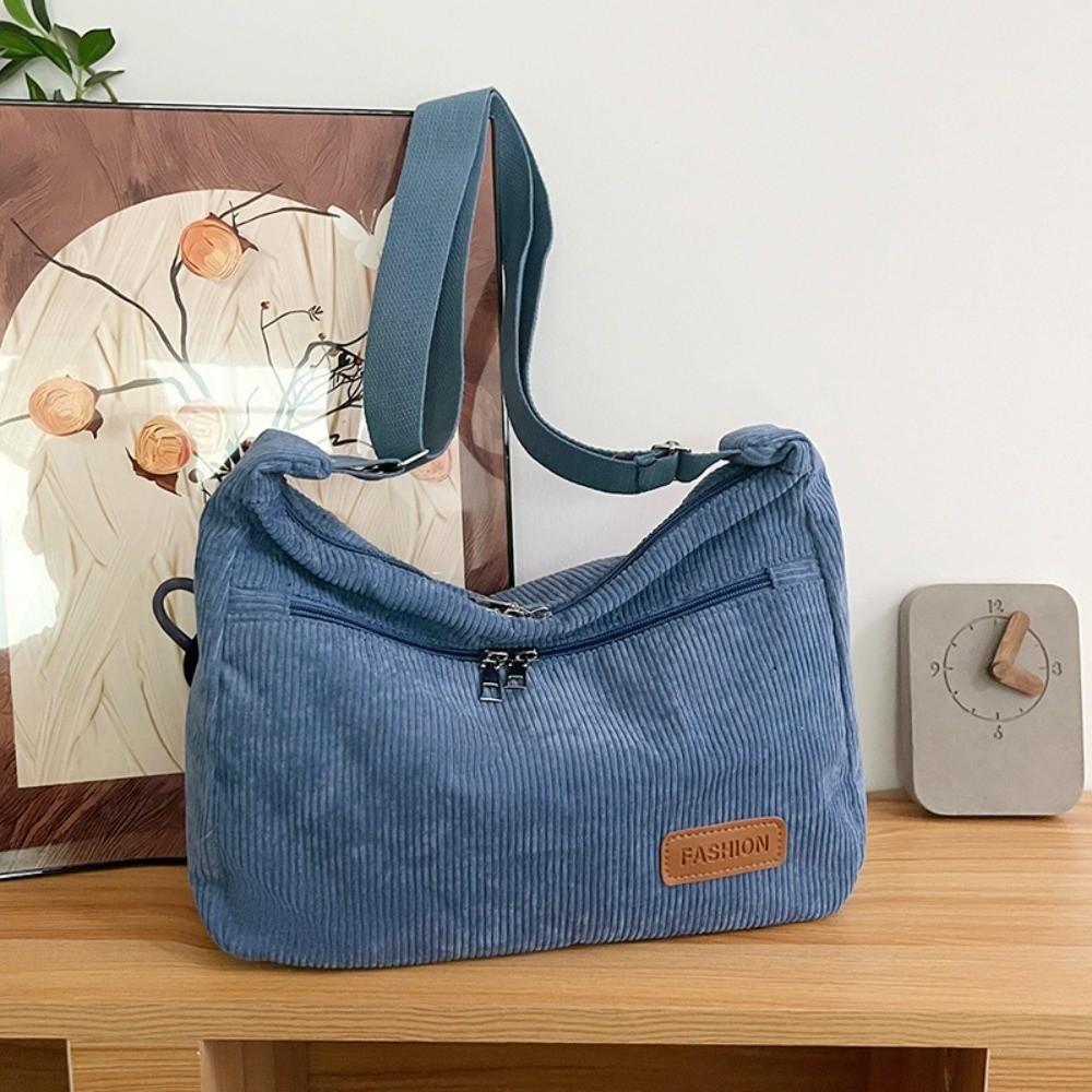 New Large Capacity Corduroy Tote Bag Multi-pocket Adjustable Strap Shoulder Bag Solid Color Crossbody Bag Travel Use