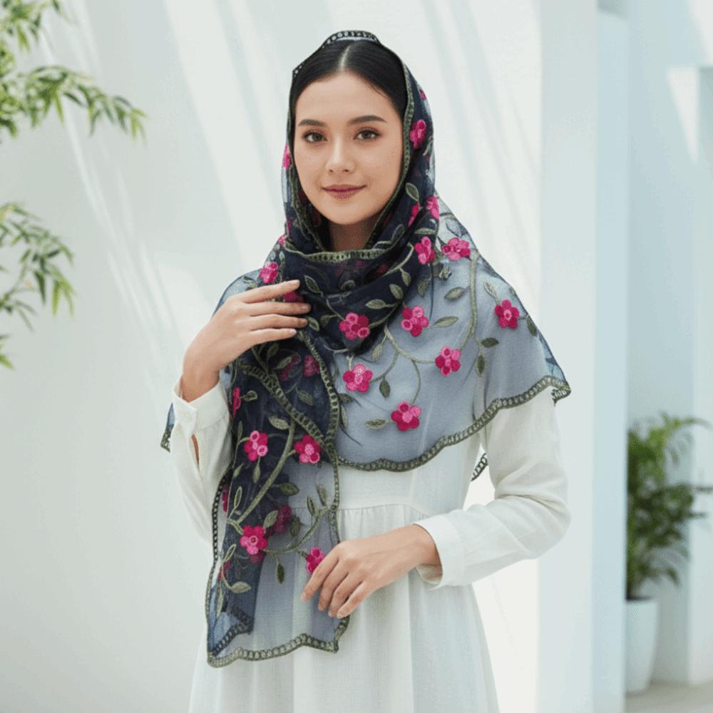 Ethnic Style Embroidered Floral Headwrap Breathable Summer Hijab Long Lace Scarf Sun Protection