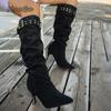 Fashion Buckle Strap High Heel Long Boots for Women Fashion Pointed Toe Stiletto Heeled Party Shoes Women Pleated Design Knee High Boots