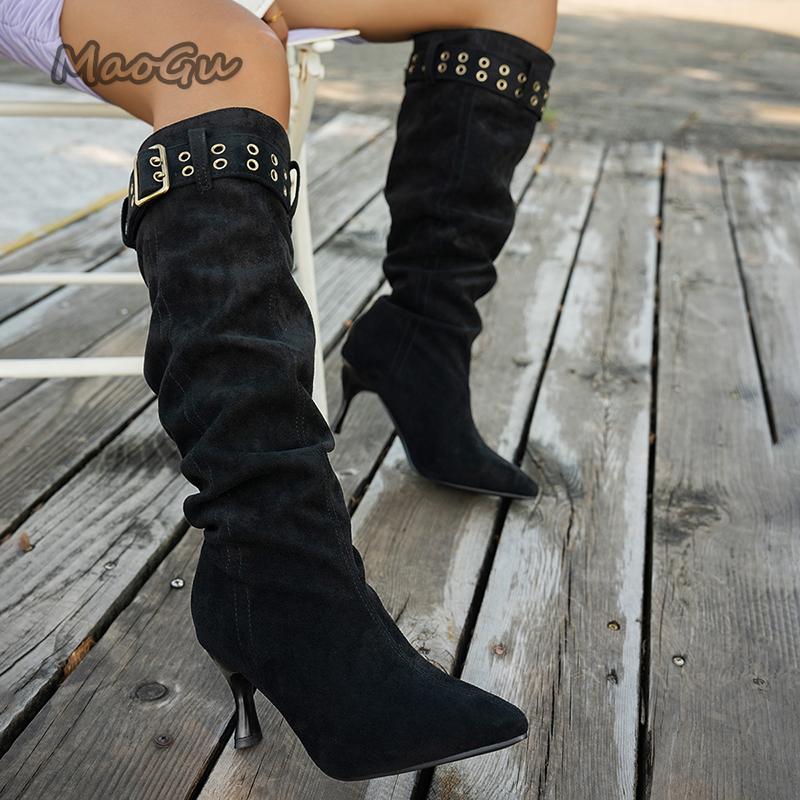 Fashion Buckle Strap High Heel Long Boots for Women Fashion Pointed Toe Stiletto Heeled Party Shoes Women Pleated Design Knee High Boots