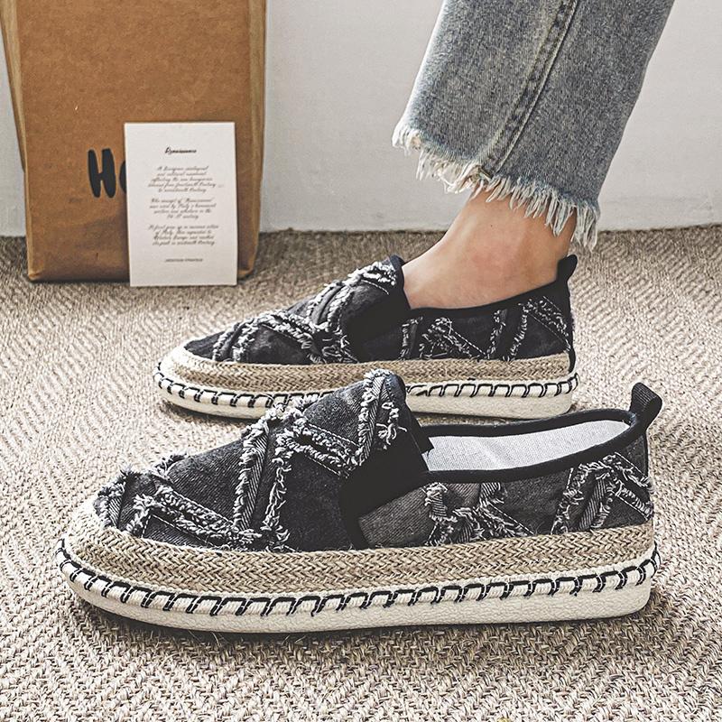 2024 New Black Loafers Men Fashion Handmade Flat Shoes Men Casual Canvas Shoes Breathable Fisherman Espadrilles Man Slip-On Shoe