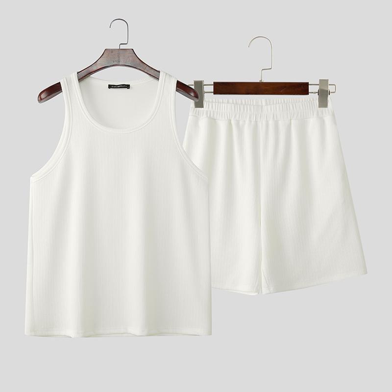 

INCERUN Two Pieces Summer Men Sleeveless Tank Tops and Loose Shorts Rib Outfits Sets 4XL белый