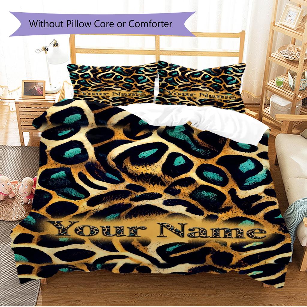 Name Custom Cow Leopard Pattern Pattern Bedding Set Quilt Cover Pillowcase Home Decor Gift (1 * Duvet Cover + 2 * Pillowcase, Without Core)