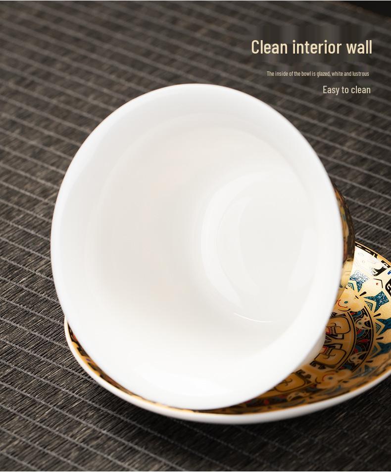 Rotating Sancai Gaiwan: Enamel Color Mutton Fat Jade Porcelain Tea Bowl with Lid for Kung Fu Tea Brewing.
