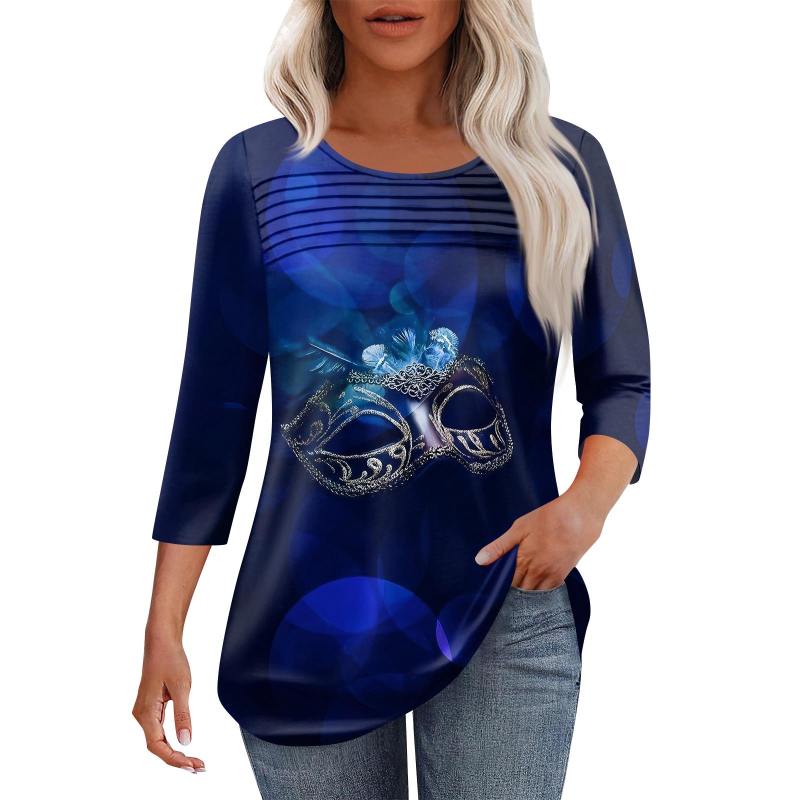 

Женская мода круглый вырез шея плиссированная передняя планка с принтом рукав 3/4 топ L синий