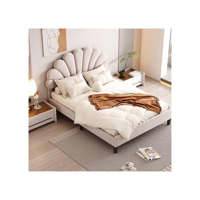 Pat dublu tapițat - MUVOE - 140 x 200 cm - Tăblie florală - MDF robust - Montaj ușor