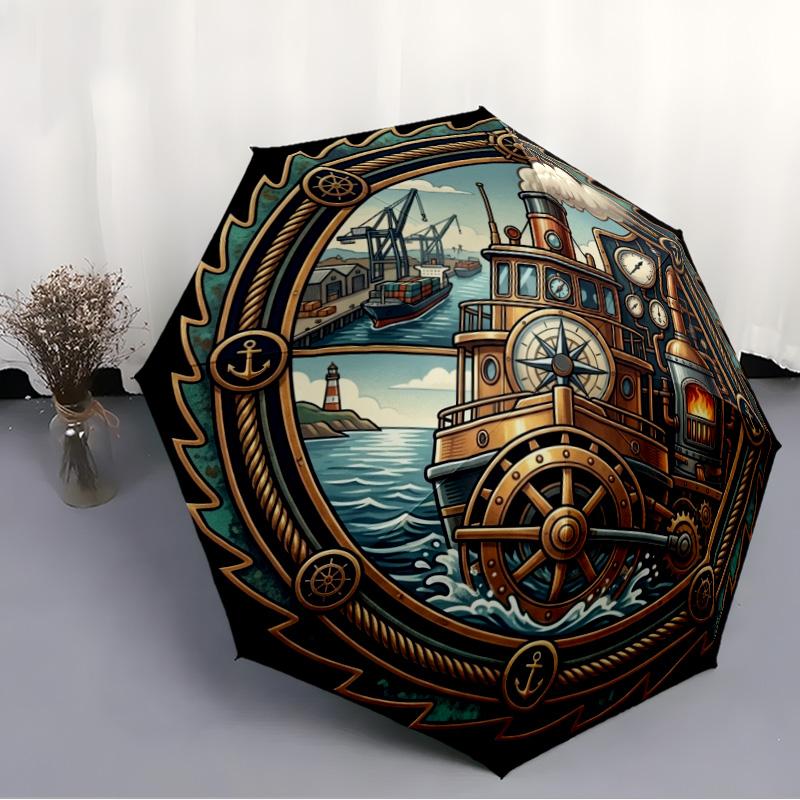Steamboat Adventure pattern umbrella, portable and foldable design, 8 ribs, a casual accessory for Halloween, Christmas, and birthday gifts.