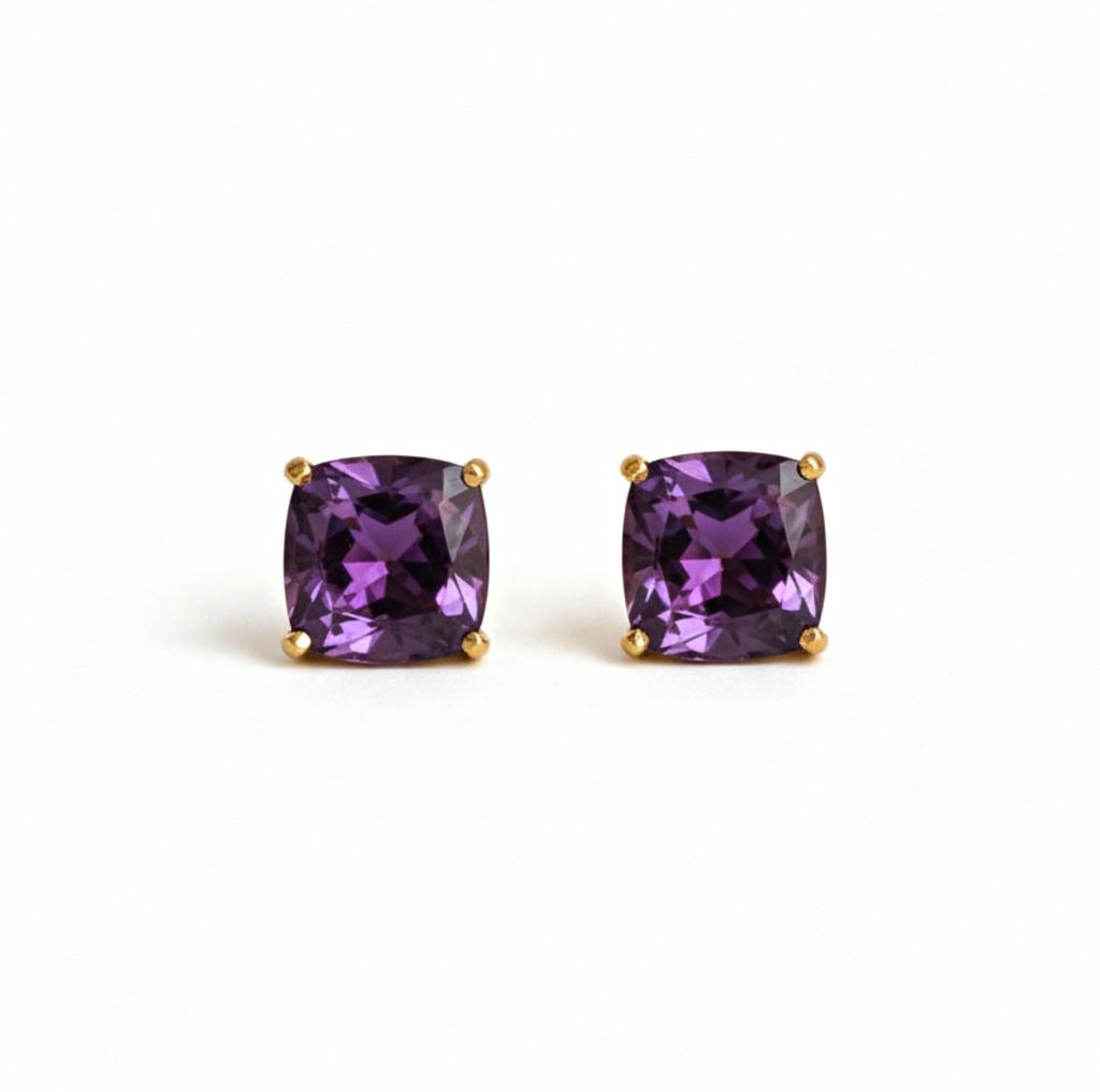 Purple Amethyst Stud Earrings, Handcrafted Cushion Cut Gemstone, Minimalist Jewelry for Women