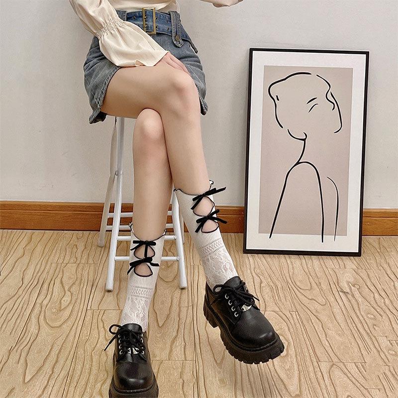 Hollow Net Socks Women S Jk Summer And Autumn Thin Double-Layer Lace Bow Short Medium Tube Socks White Lace Calf Socks One size fits all