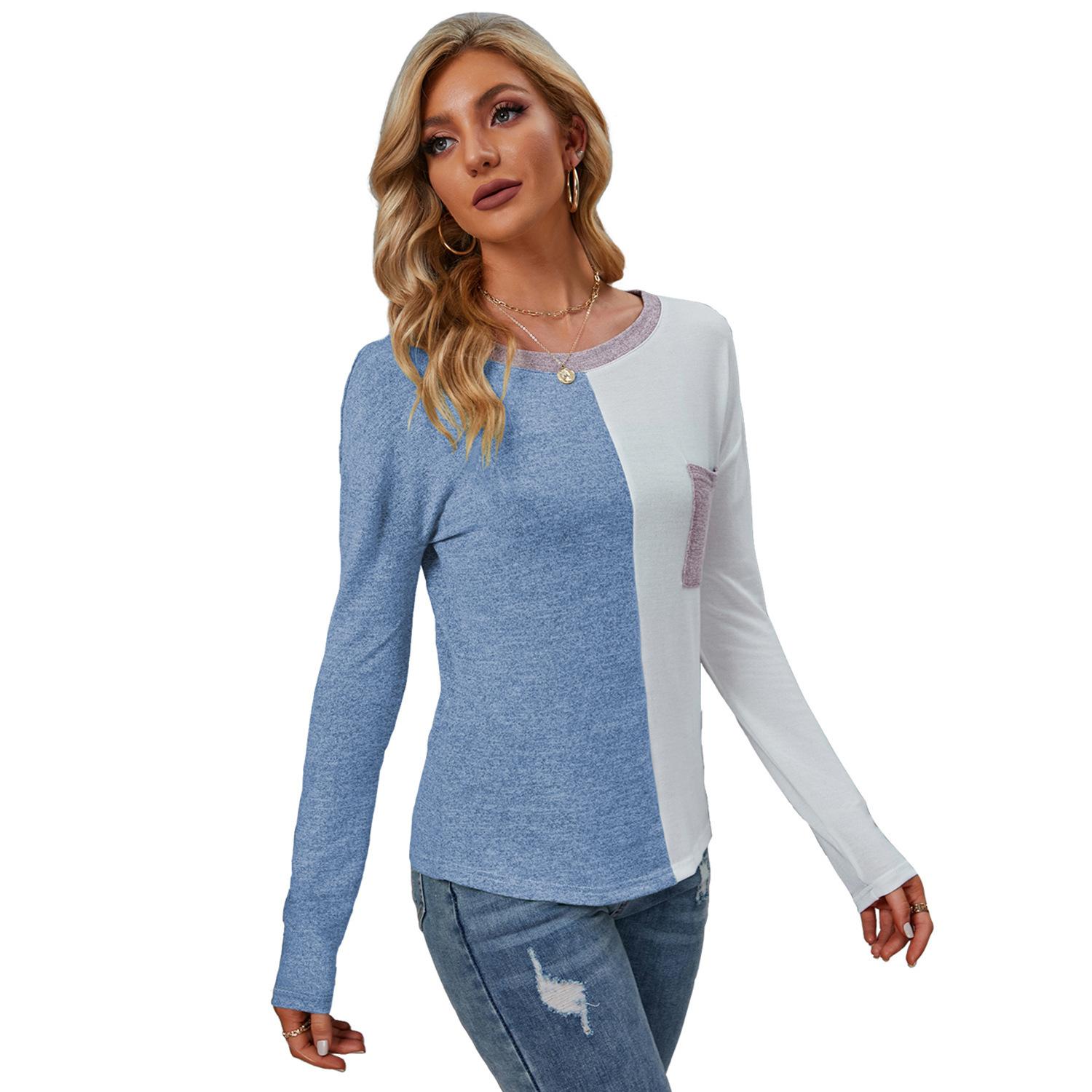 

Футболка свободного покроя с длинными рукавами и круглым вырезом в стиле пэчворк на осень-зиму, свободные женские футболки XL синий