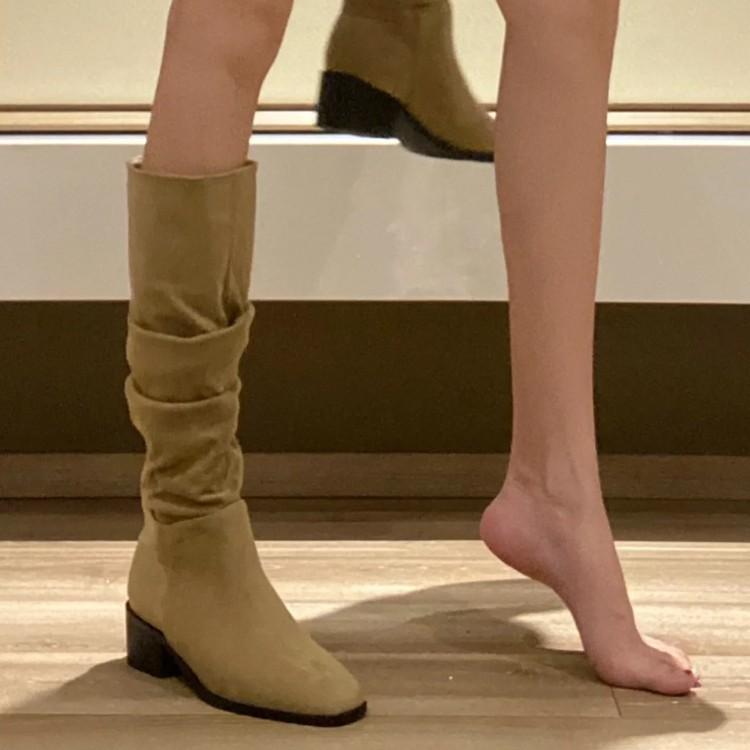 European and American heightening stack boots pleated high-heeled knight boots western cowboy boots women's 2025 autumn boots