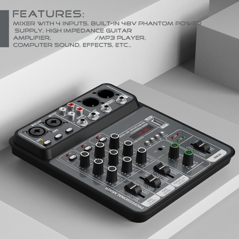Portable 4 Channel Sound Mixer Built-in Headphone Output Port for Karaoke, Streaming, and Stage Performances