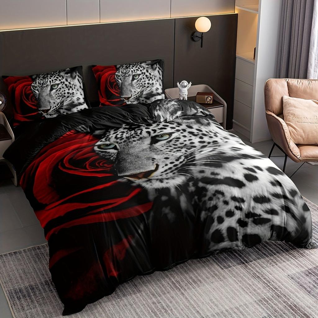 Romantic Leopard Rose Duvet Cover Set Soft And Comfortable For Bedroom Bedding Set Includes 1 Duvet Cover And 2 Pillowcases