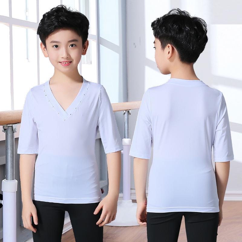 Boys' Latin Dance Performance Tops: Long & Short Sleeve Training Wear for Summer & Autumn Competitions & Exams