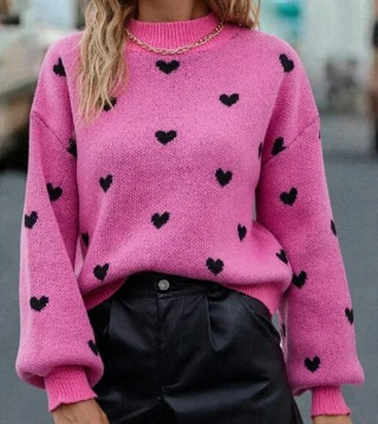 Women's European & American Autumn/Winter Heart Knit Pullover - Long Sleeve, Round Neck, Casual Style