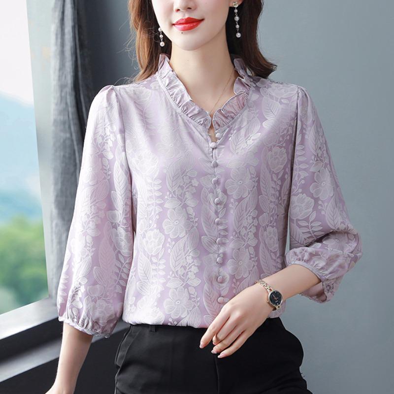 Women's Satin Three-Quarter Sleeve Ruffled V-Neck Top - French Style, Spring Collection, Flattering Fit