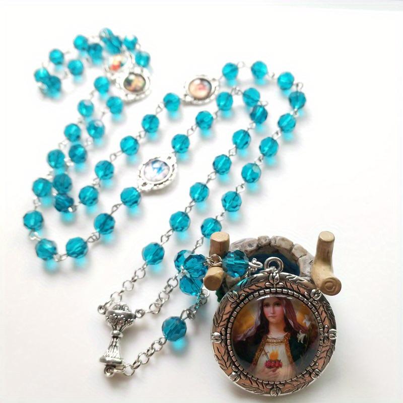 Vintage Religious Catholic Cross Rosary Necklace Beads Holy Figure Jesus Hanging Pendant Jesus Rosary Necklace Wall Decoration