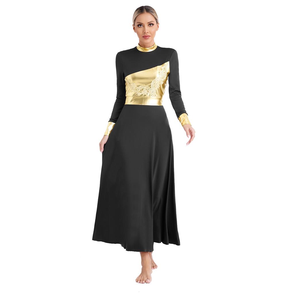Womens Liturgical Praise Dance Dress Metallic Shiny Color Block Mock Neck Long Sleeve Applique Worship Costume