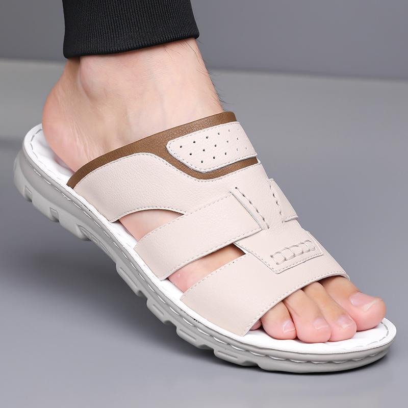 Men Black Leather Slippers Flats Summer Brown Wide Head Sandals Outdoor White Beach Shoes for Father Over Sized 46 47 48