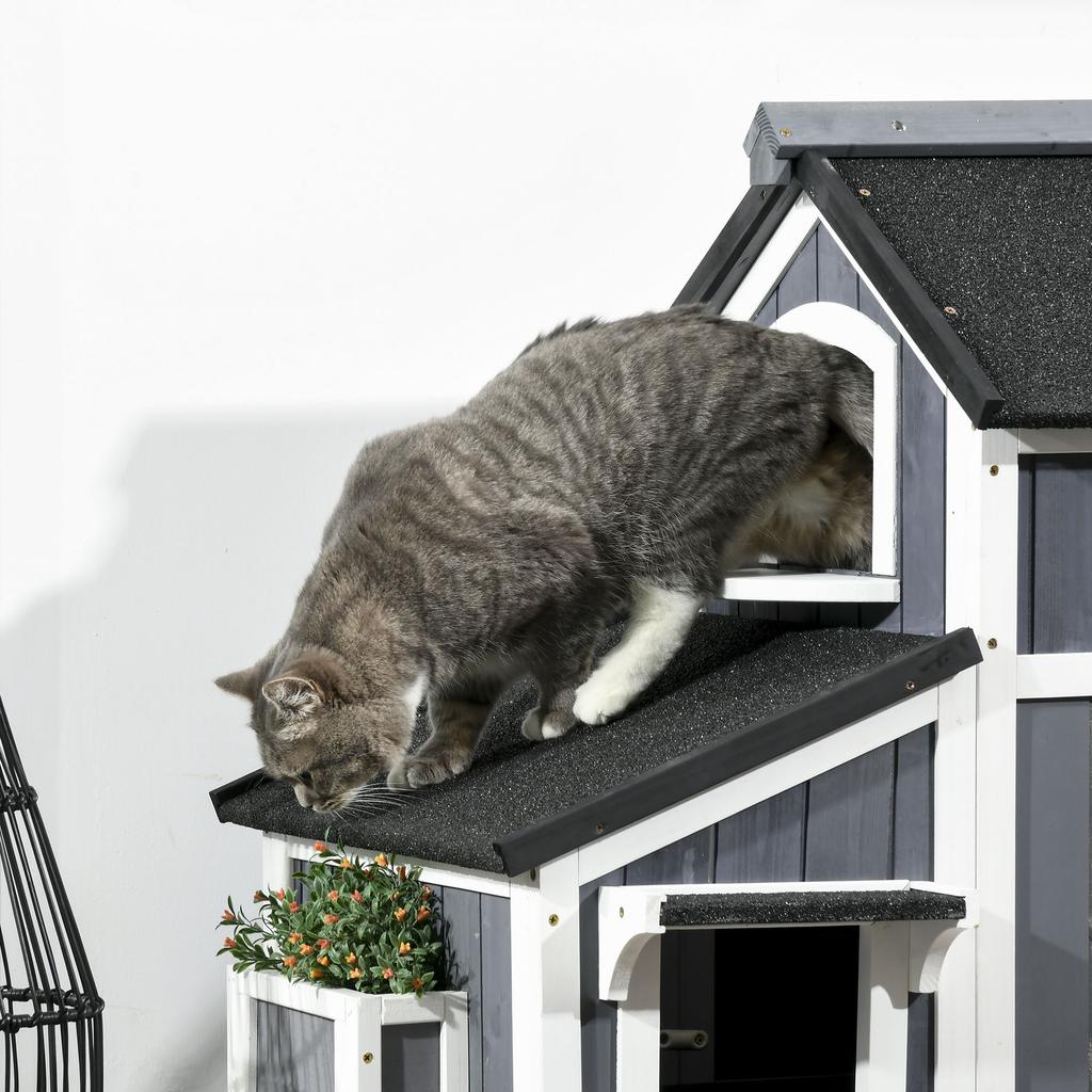 Wooden Cat House with Flower Pot, Windows, Multiple Entrances, Water-Resistant Roof for Outdoor - Grey