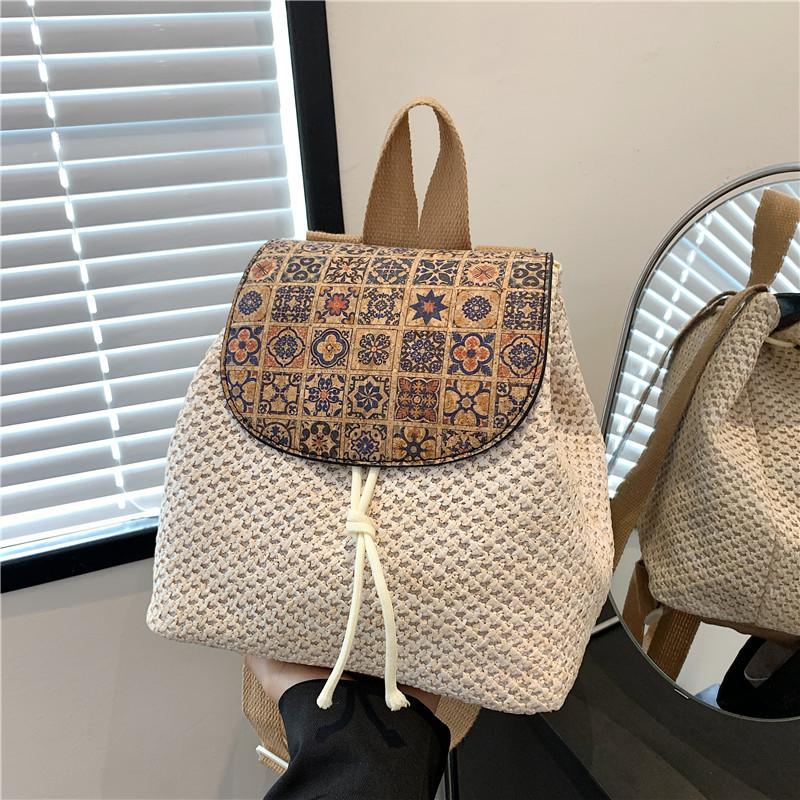 Bohemian Ethnic Style Woven Bag Fringe Backpack Large Capacity Leisure Holiday Straw Bag