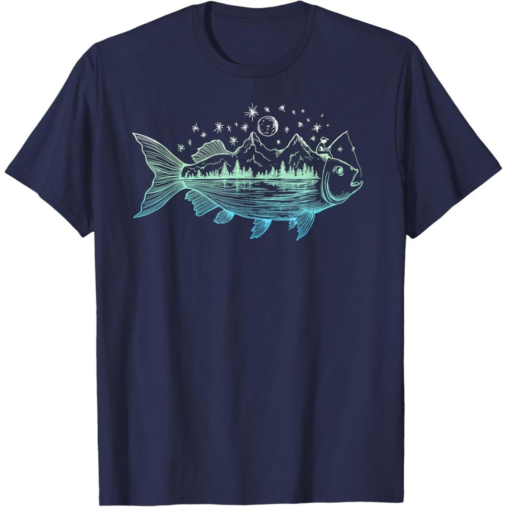 Cool Fish Shaped from Mountains Nature Scene Fishing TShirt