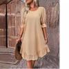 Women's Vintage Cotton Linen Mid Sleeve Solid Colour Loose Round Neck Dresses