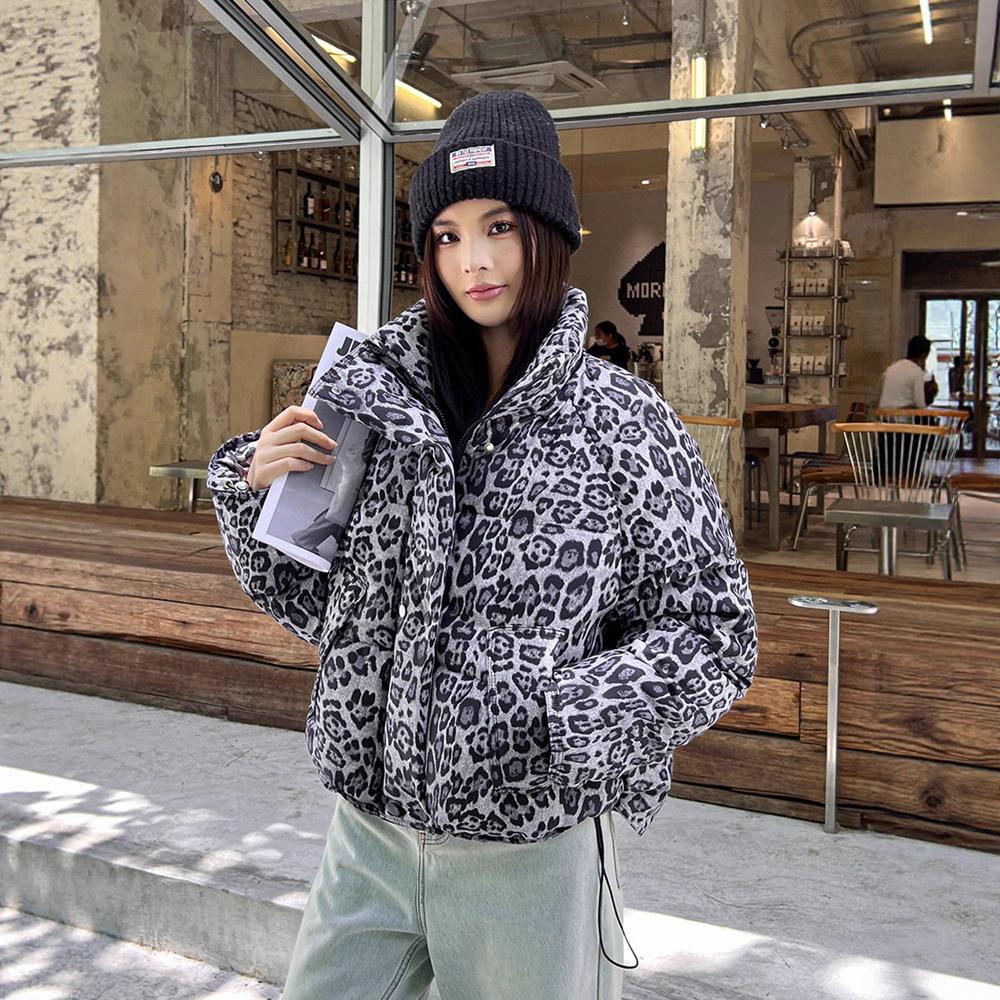 Bawełniany Płaszcz w Panterkę w Stylu Vintage Najnowszy Zimowy Niszowy Kołnierz Stojący Płaszcz Chlebek Płaszcz Puchowy Bawełniany