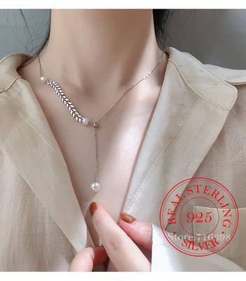 Collana con ciondolo a forma di foglia con perla rotonda in argento sterling 925 per donna, gioiello romantico da sposa