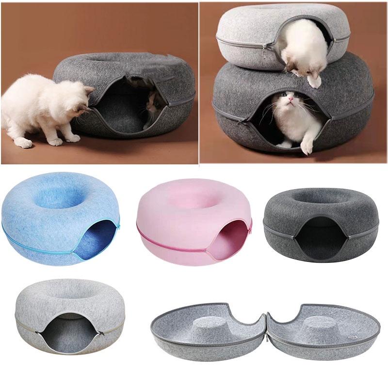 Bed Tunnel Cat Felt Pet Puppy Nest Cave House Round Donut Interactive Toy Play