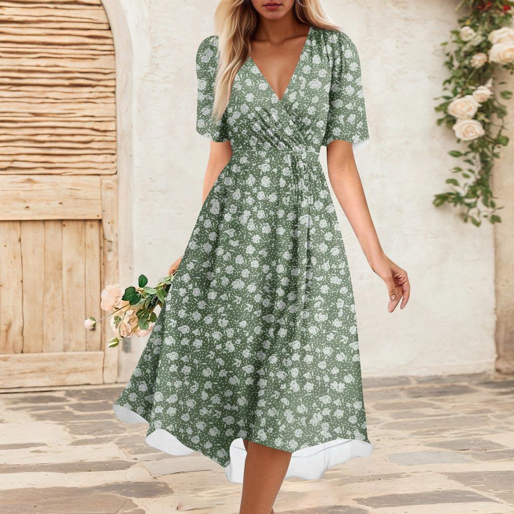 Women's Summer Loose V Neck Short Sleeve Dress, Elegant Dress