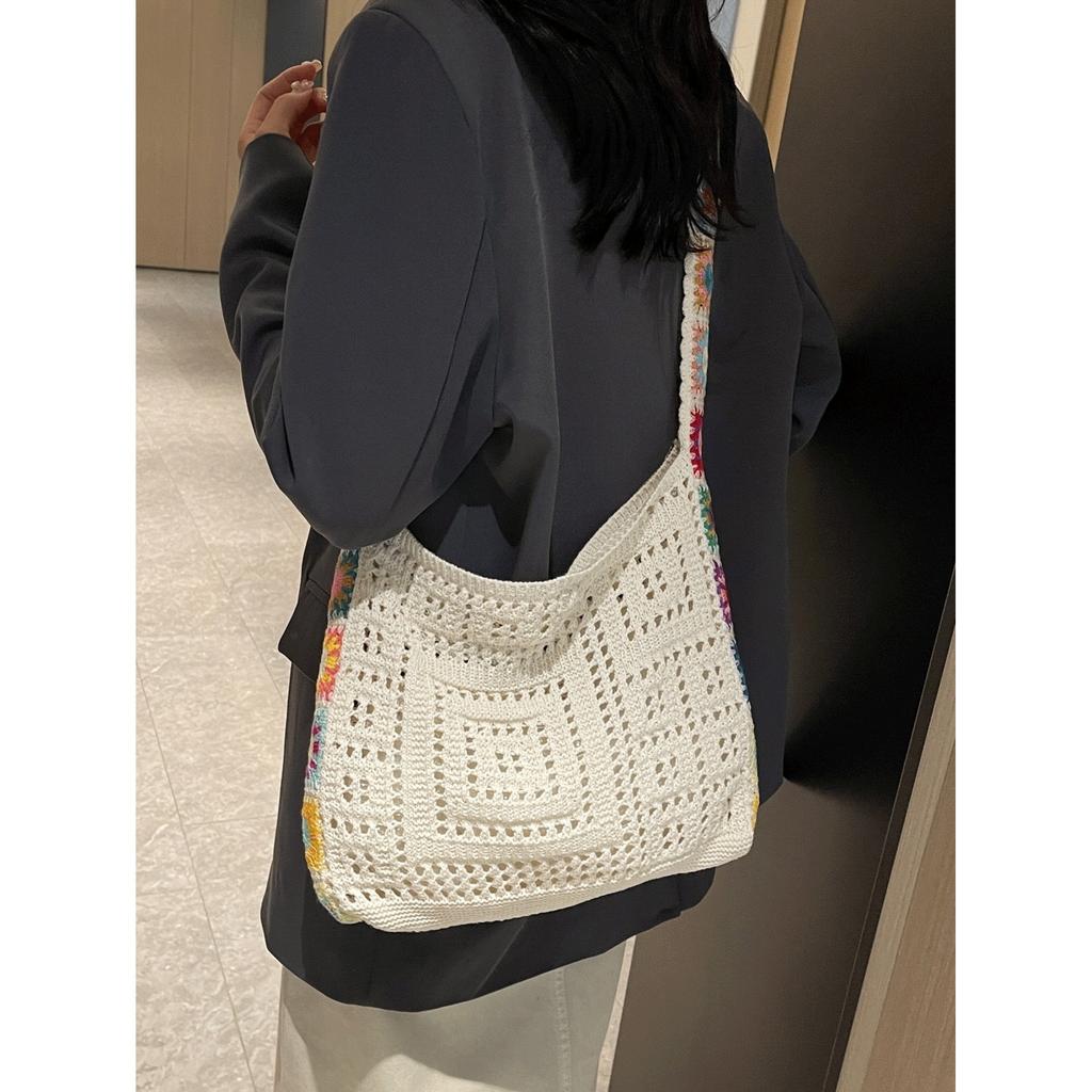 Retro Hollow Bohemian Style Yarn Bag Fashionable Beach Vacation Shoulder Bag Commuting Portable Embroidered Pattern Crossbody Bag, Flower Pattern