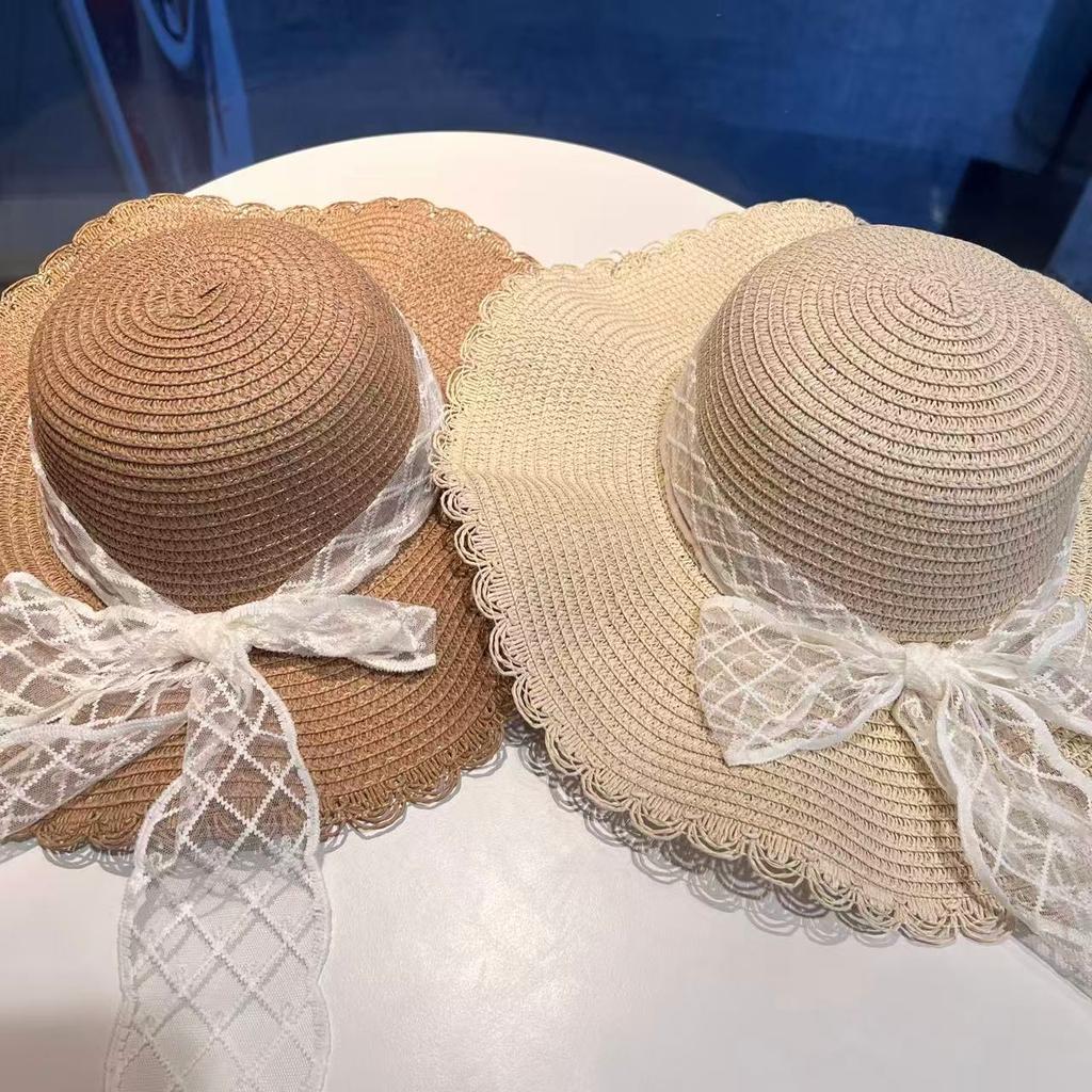 Bow lace straw hat sweet bucket hat summer seaside big brim vacation wind sunscreen sun hat