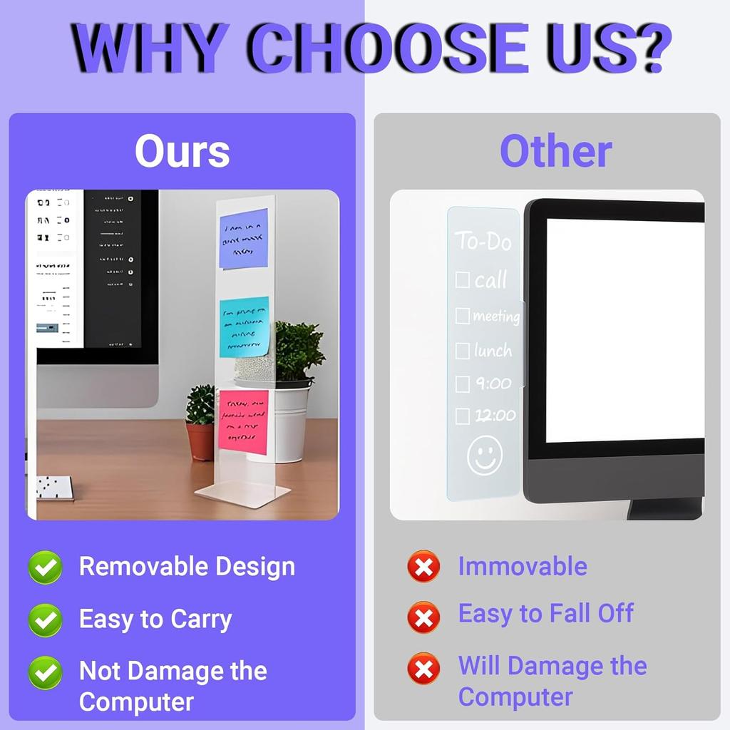 Removable Sticky Note Holder, Acrylic Desktop Memo Message Board, Transparent Portable Monitor Memo Stand for Any Computer and Laptop