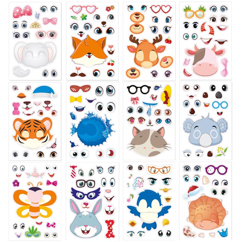 12Sheets Make A Face Diy Sticker Safari Animal Mermaid Decoration Kid Enlightenment Jigsaw Puzzle Stickers Funny Cartoon Pet Zyf