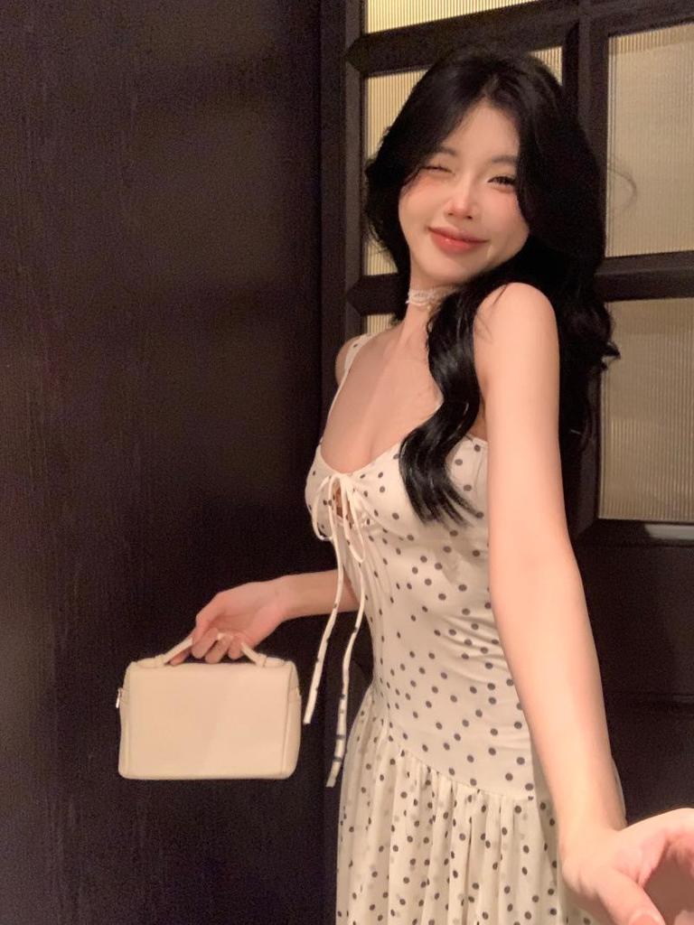 French High Waist Polka Dot Spaghetti Strap Maxi Dress for Women: A-line Summer Beach Vacation Style
