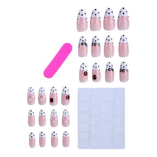

1 Set Flower Ladybugs Dotted Press on Nails Spring 3D Floral Stick-on Fake Nails Removable Full Cover Almond Glue on False Nails for Women 1