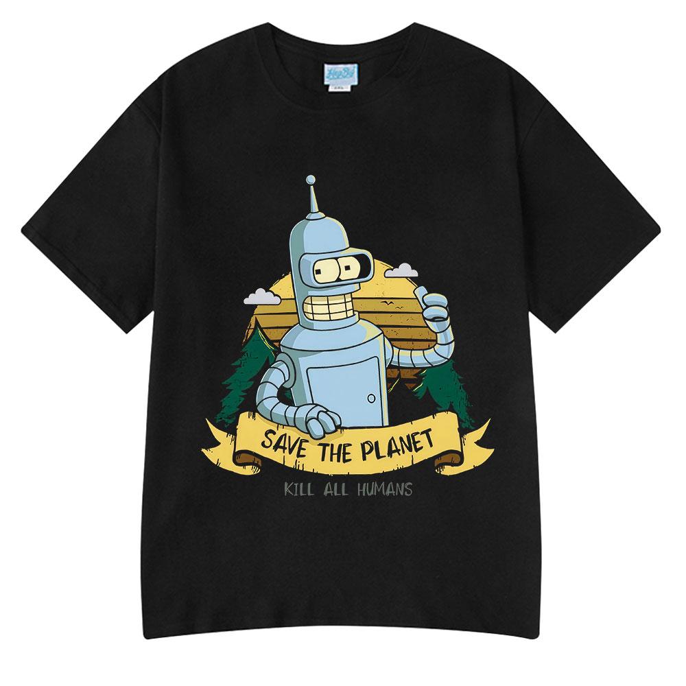 Save The Planet Kill All HuUnisexs Funny Robot Vintage T Shirts Unisex Women Clothing Short Sleeve Tshirts Oversized Cotton Tee Shirt