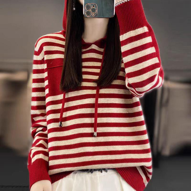 Striped Color-blocked Hooded Knit Sweater Women's Age-reducing Sweater Jacket Fall Pullover Knit Sweatshirt Women