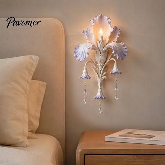 Modern Iris Petal Lamp Bloom Wall Sconce, Vintage Floral Light with Faux Crystal Sconce Drops, Romantic Purple Ambient for Bedroom Living Room
